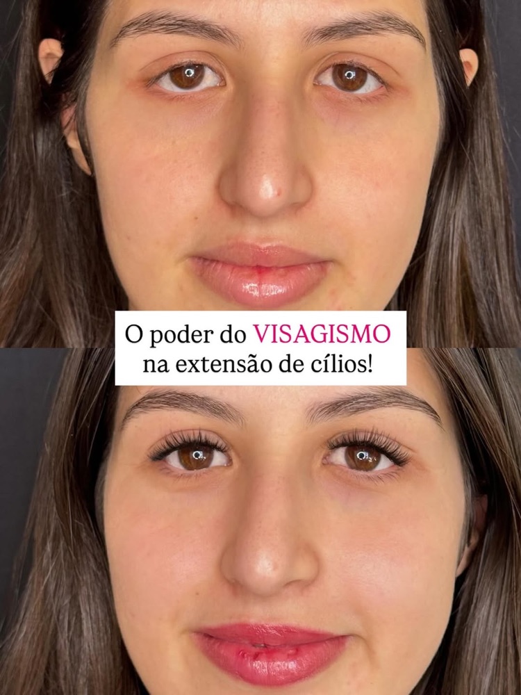 Antes e depois de extensão de cílios com visagismo